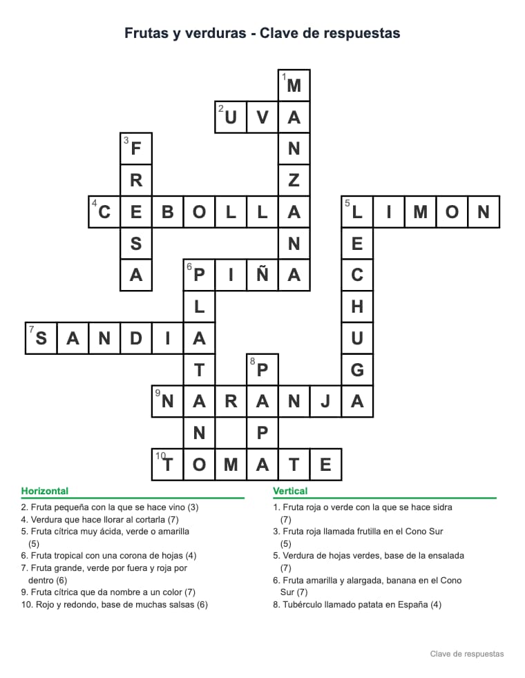 Crucigrama para imprimir: Frutas y verduras