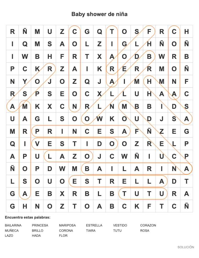 Sopa de letras para imprimir: Baby shower de niña