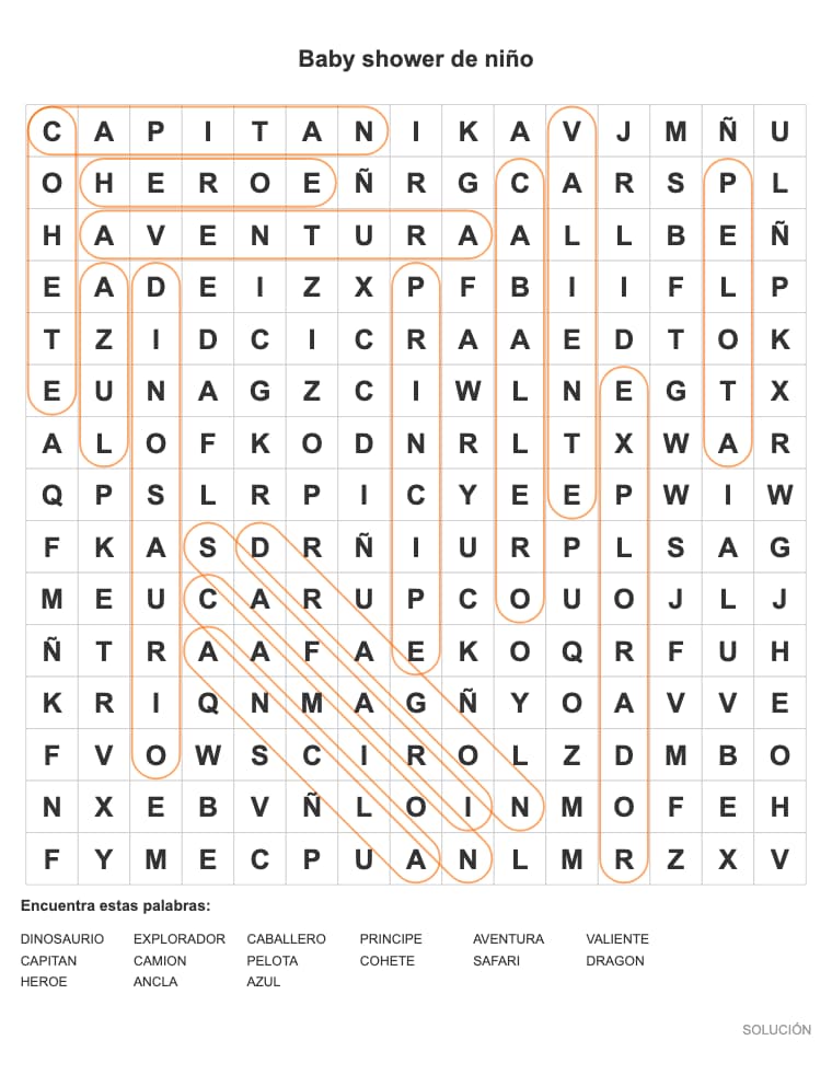Sopa de letras para imprimir: Baby shower de niño