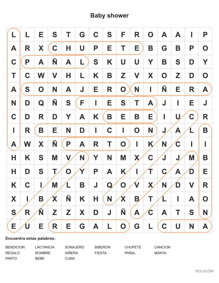 Sopa de letras para imprimir: Baby shower