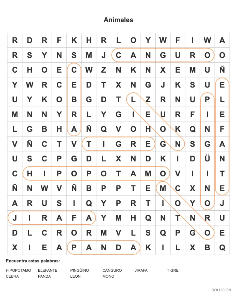 Sopa de letras de Animales para imprimir