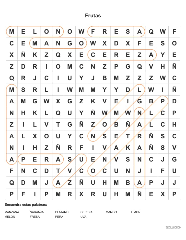 Sopa de letras de Frutas para imprimir