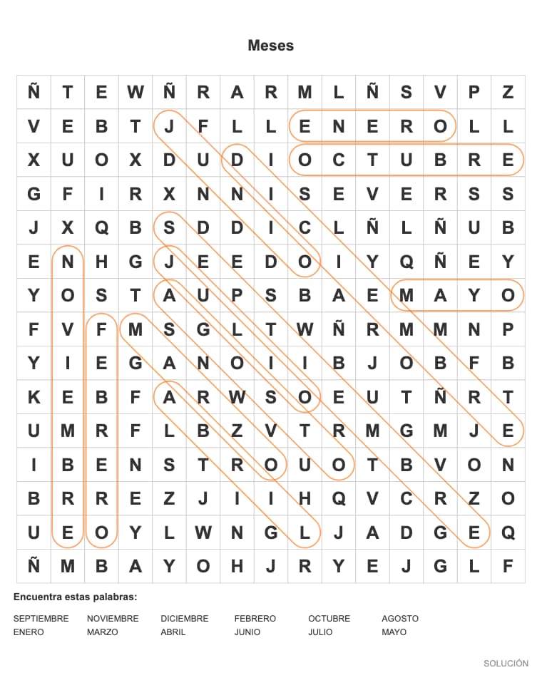 Sopa de letras de Meses para imprimir