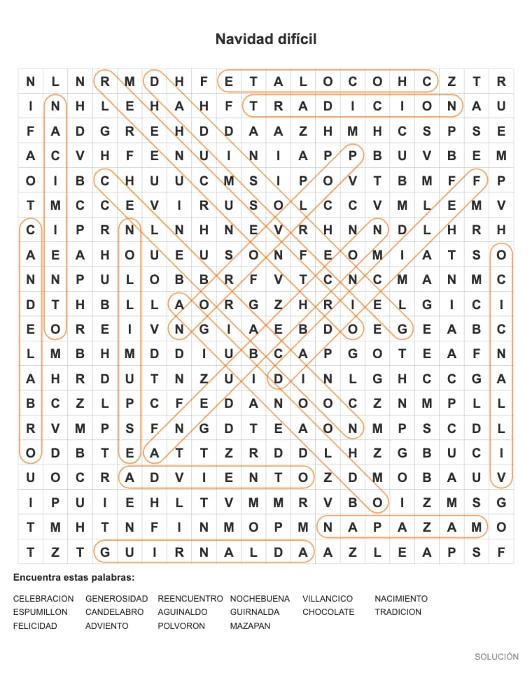 Sopa de letras de Navidad difícil para imprimir