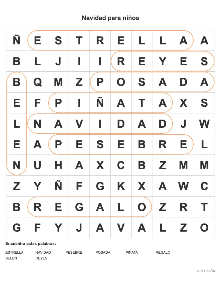 Sopa de letras de Navidad para niños para imprimir
