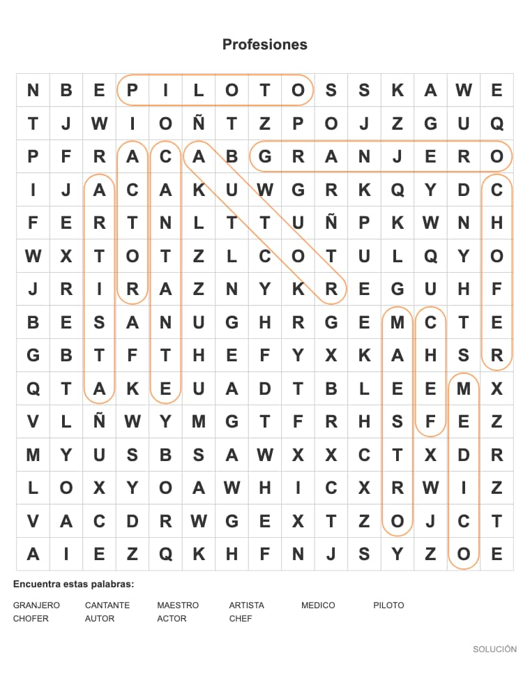 Sopa de letras de Profesiones para imprimir
