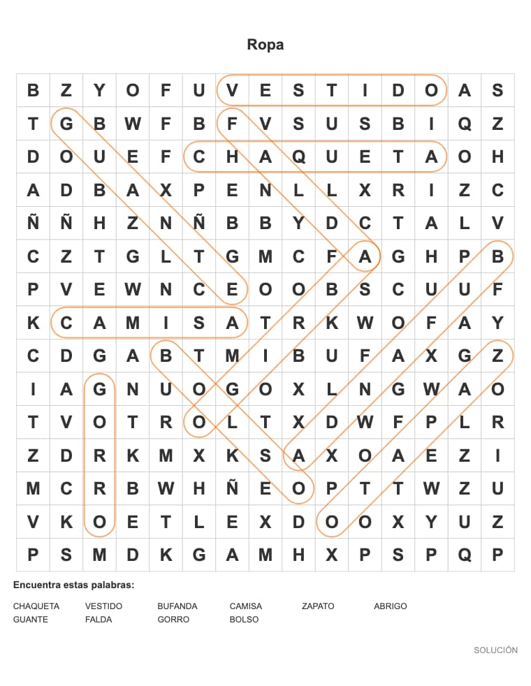 Sopa de letras de Ropa para imprimir