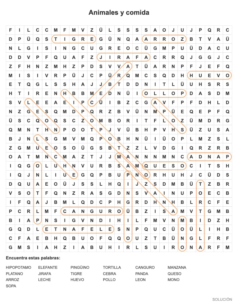 Sopa de letras difícil de Animales y comida para imprimir