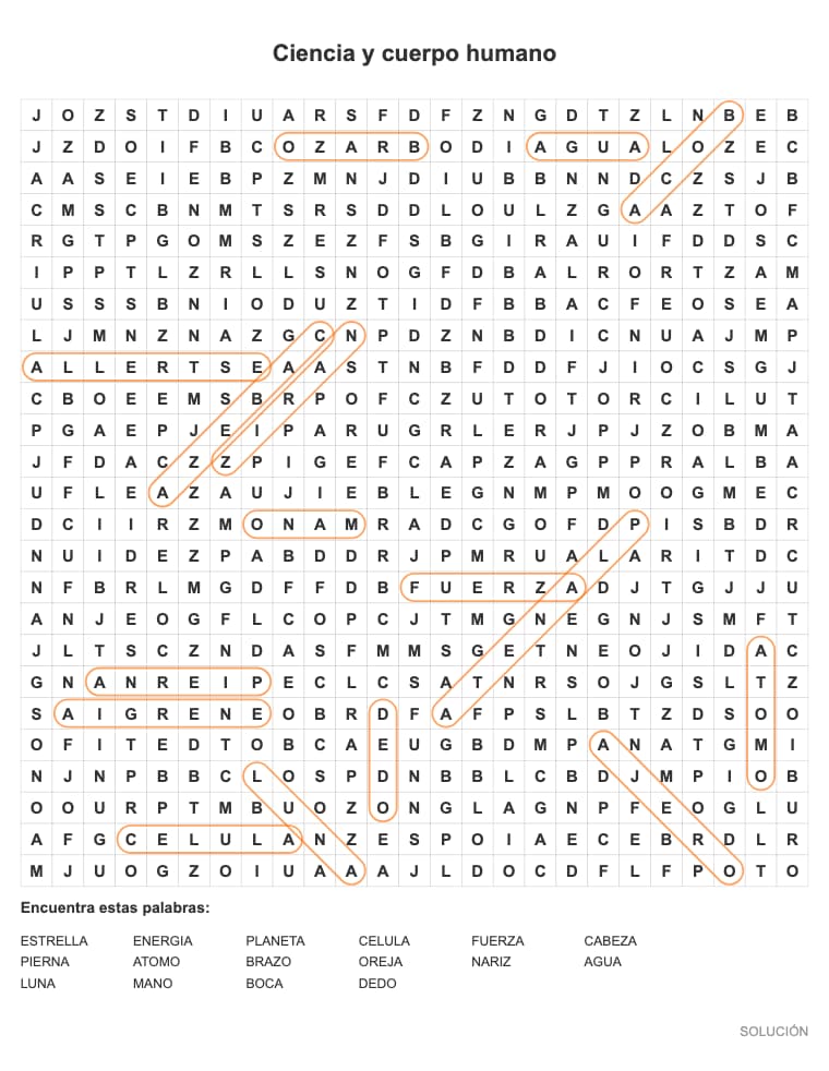 Sopa de letras difícil de Ciencia y cuerpo humano para imprimir