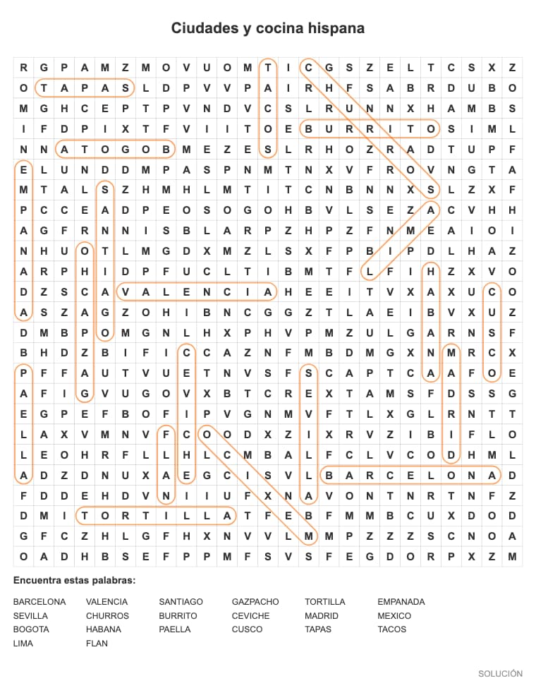 Sopa de letras difícil de Ciudades y cocina hispana para imprimir