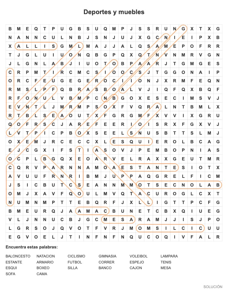 Sopa de letras difícil de Deportes y muebles para imprimir