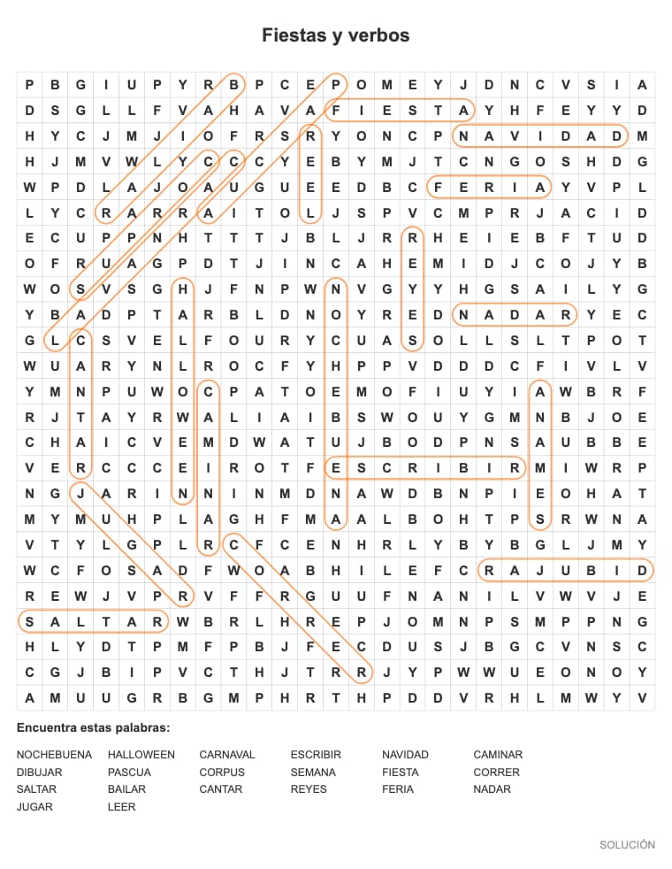 Sopa de letras difícil de Fiestas y verbos para imprimir