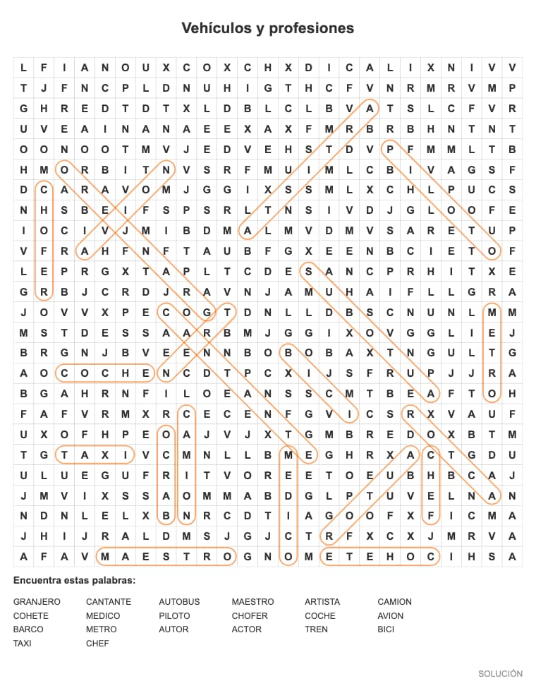 Sopa de letras difícil de Vehículos y profesiones para imprimir