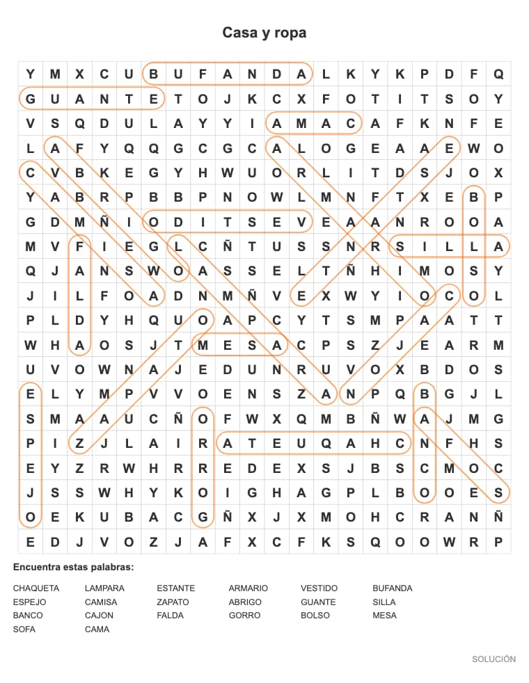 Sopa de letras de Casa y ropa para adultos, lista para imprimir