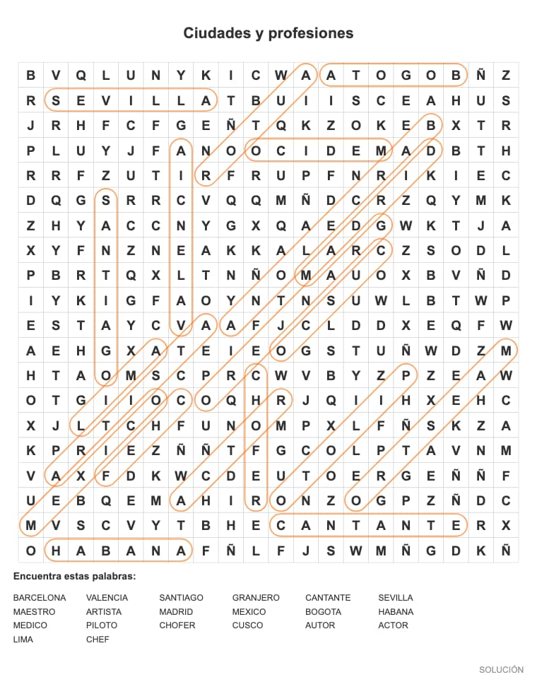 Sopa de letras de Ciudades y profesiones para adultos, lista para imprimir