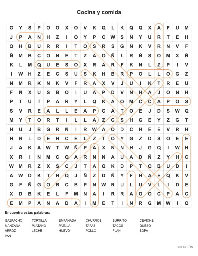 Sopa de letras de Cocina y comida para adultos, lista para imprimir
