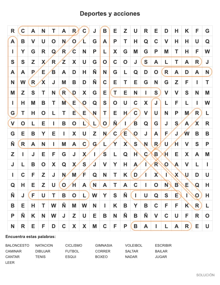 Sopa de letras de Deportes y acciones para adultos, lista para imprimir