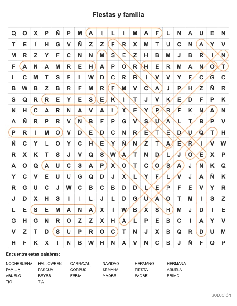 Sopa de letras de Fiestas y familia para adultos, lista para imprimir