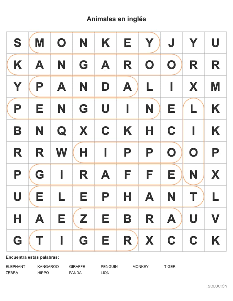 Sopa de letras de Animales en inglés para niños, lista para imprimir