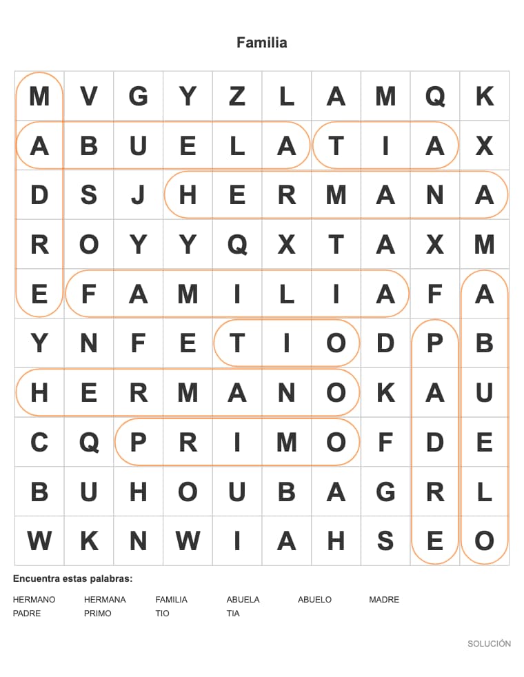 Sopa de letras de Familia para niños, lista para imprimir