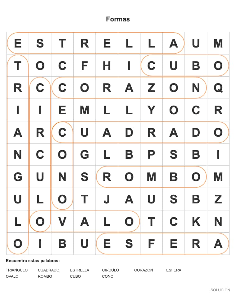 Sopa de letras de Formas para niños, lista para imprimir