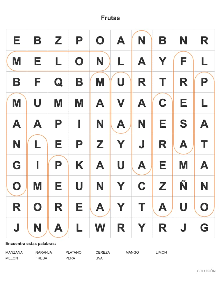 Sopa de letras de Frutas para niños, lista para imprimir