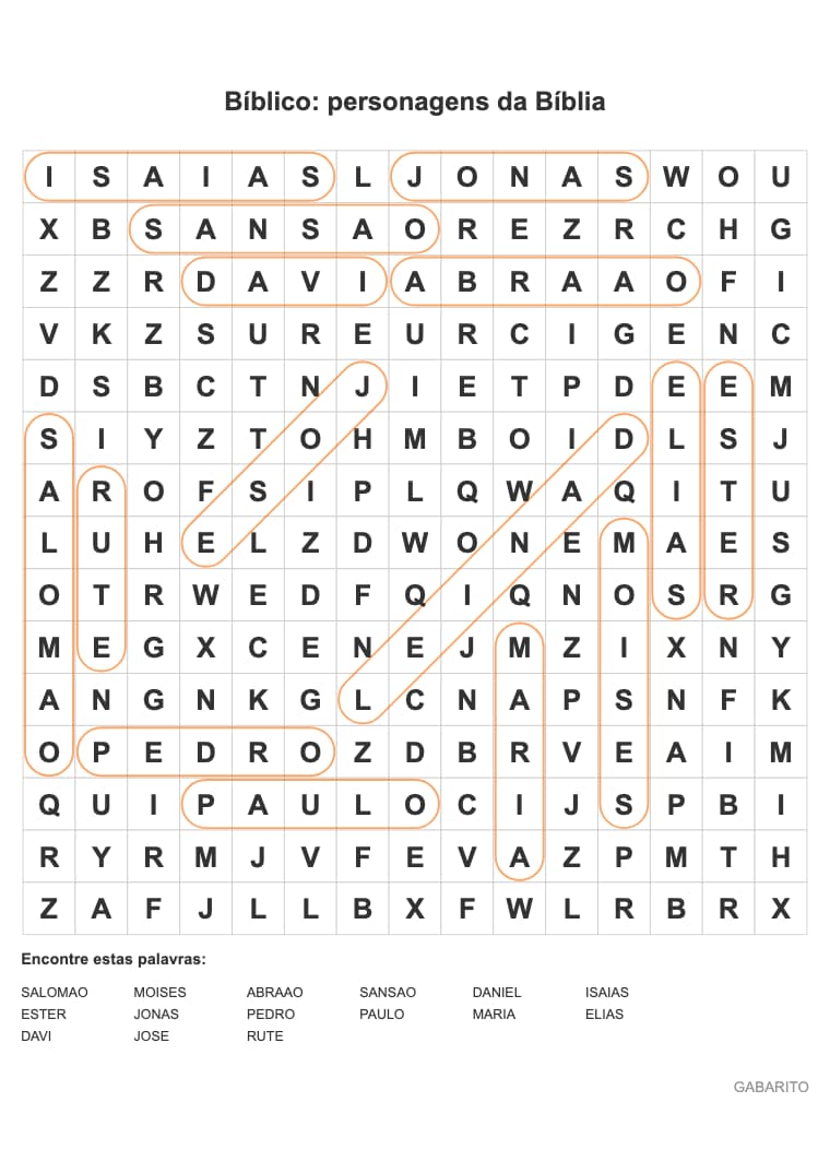 Caça-palavras para imprimir – Bíblico: personagens da Bíblia