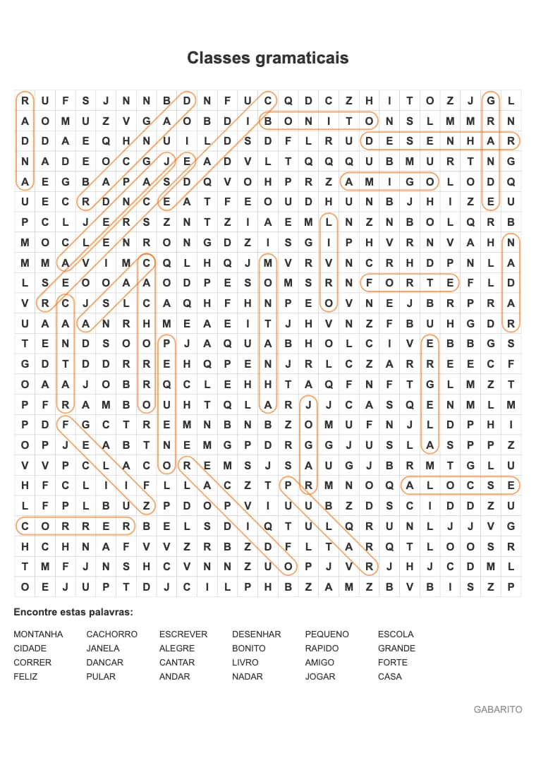 Caça-palavras difícil para imprimir – Classes gramaticais