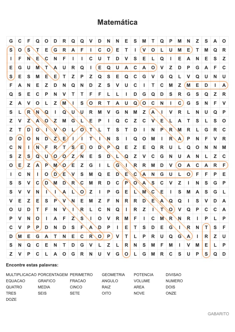Caça-palavras difícil para imprimir – Matemática